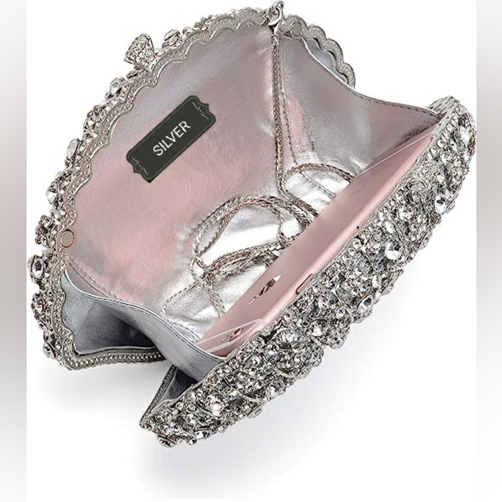 NEW Shell Shape Clutch Purse Sparkling Bling Crystal Rhinestones Silver or Gold - Picture 5 of 11